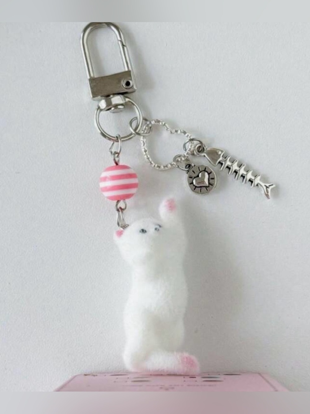 NIP White Plush Cat Keychain with Pink Accents - Cute Pet Charm
